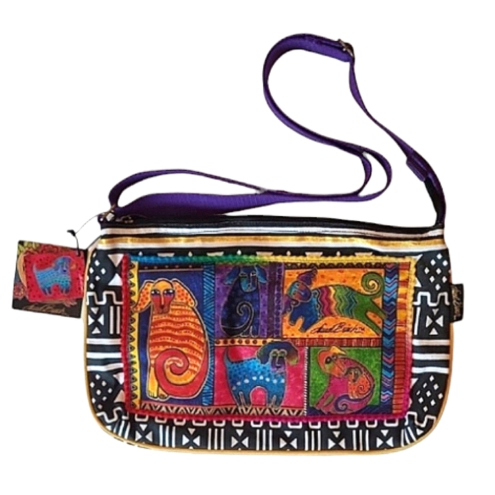 Laurel Burch Colorful Burch Dogs Shoulder Bag Animal Graphic Crossbody Purse 90s